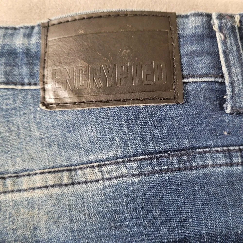 Encrypted Baggy Distressed Zipper Knees‎ Jeans Mens Blue Actual Size 44 x 33
